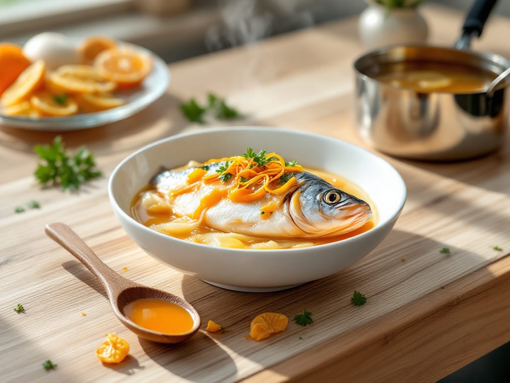 Sugarello al vapore con salsa di mandarino
