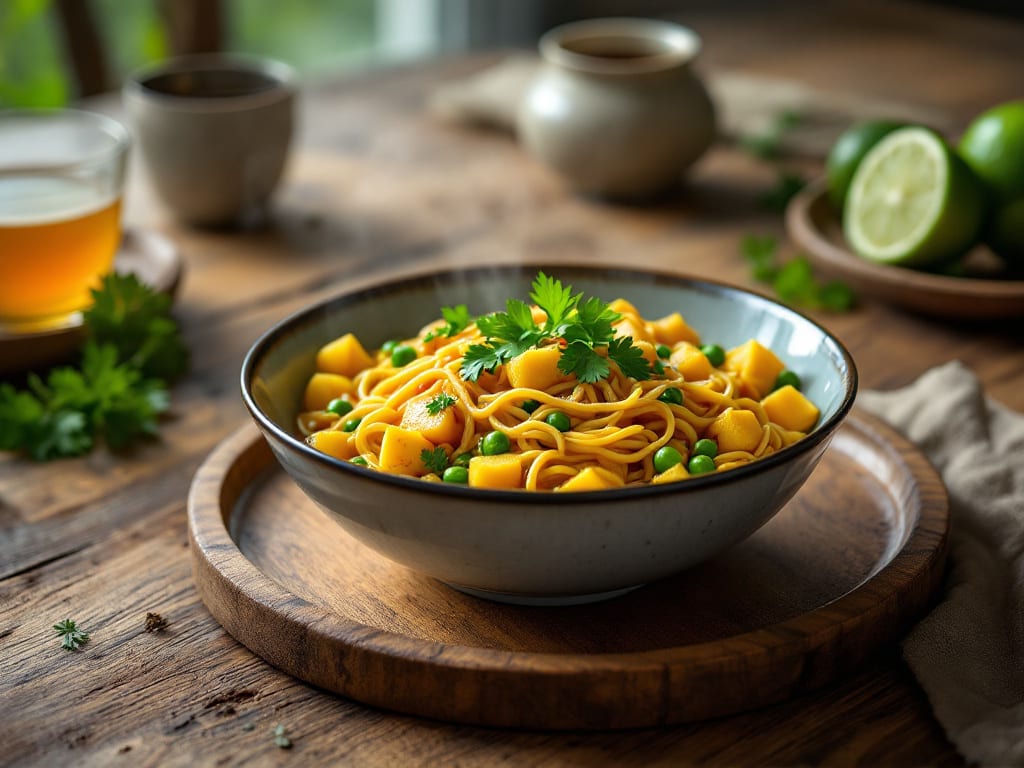 Vermicelli al curry di patate e piselli
