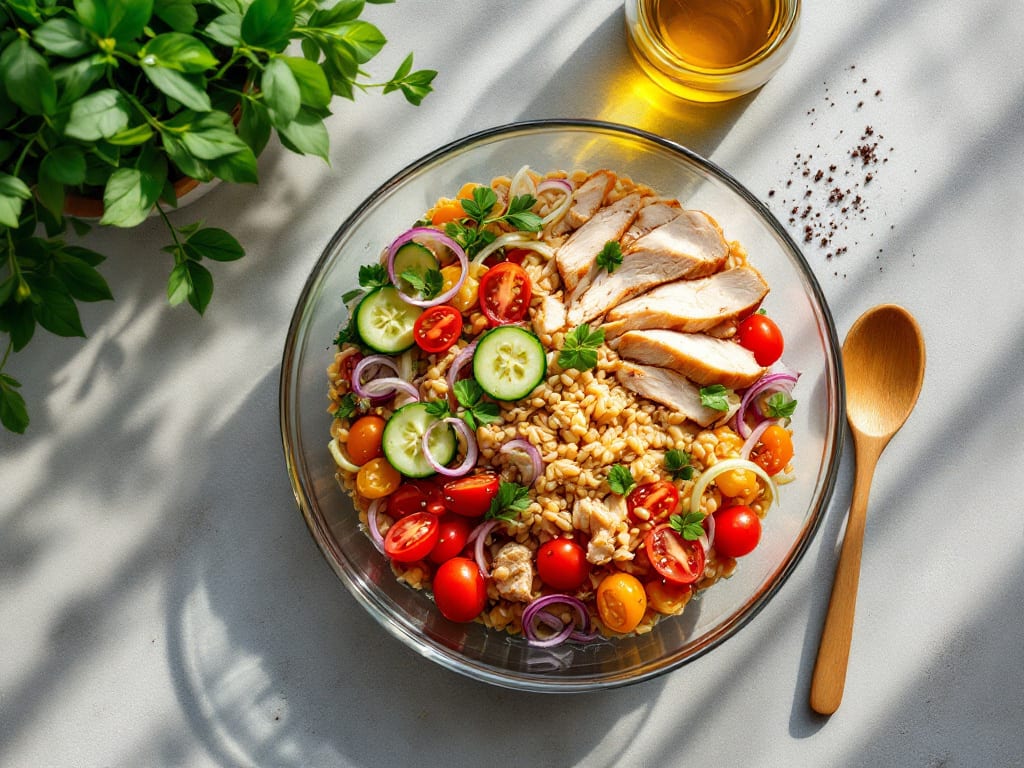 Insalata di farro con pollo e verdure