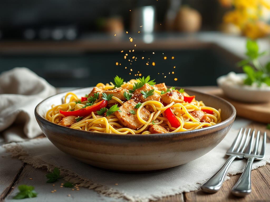 Vermicelli saltati al pollo e peperoni