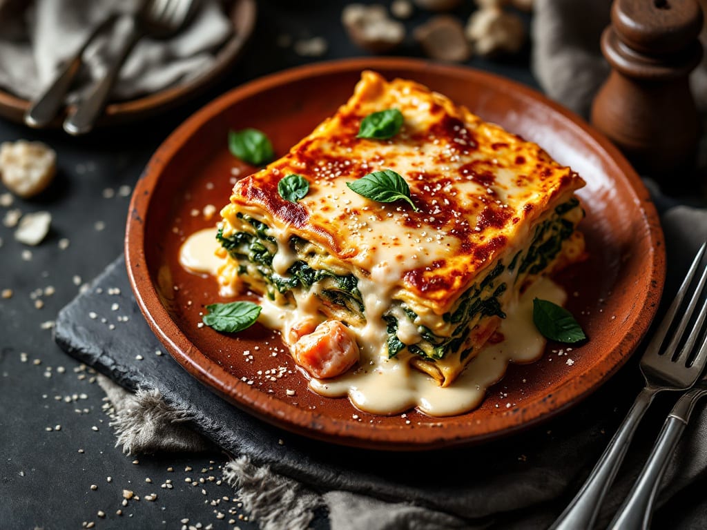 Lasagne al forno con aragosta e spinaci