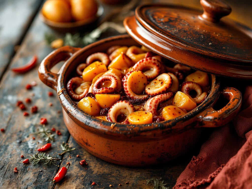 Polpo in umido con patate e peperoncino