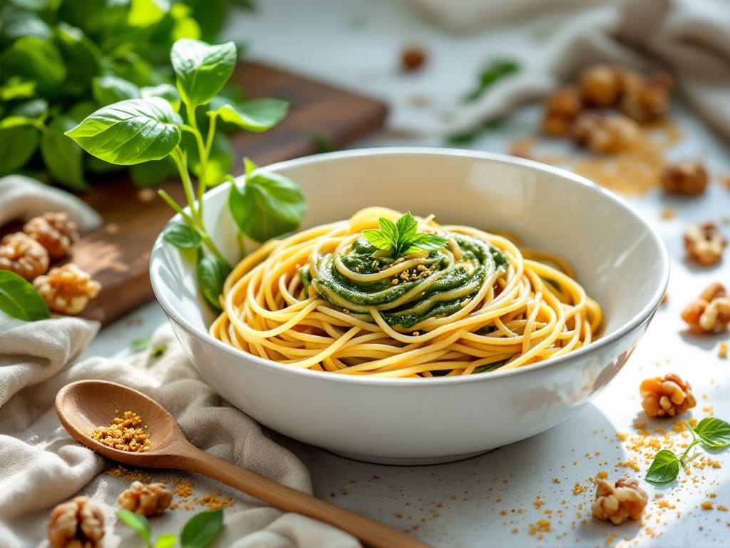 Pasta al pesto di soia verde e noci