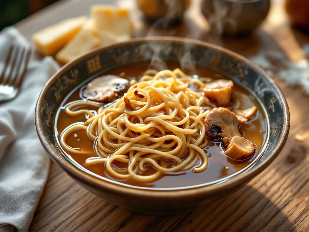Vermicelli in brodo con pollo e funghi shiitake