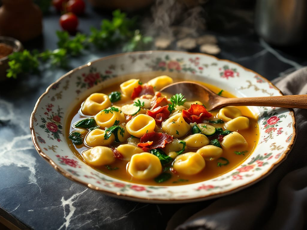 Tortellini in brodo con pancetta e verdure