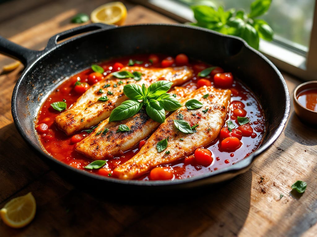 Cefalo alla ghisa con salsa di pomodoro e basilico