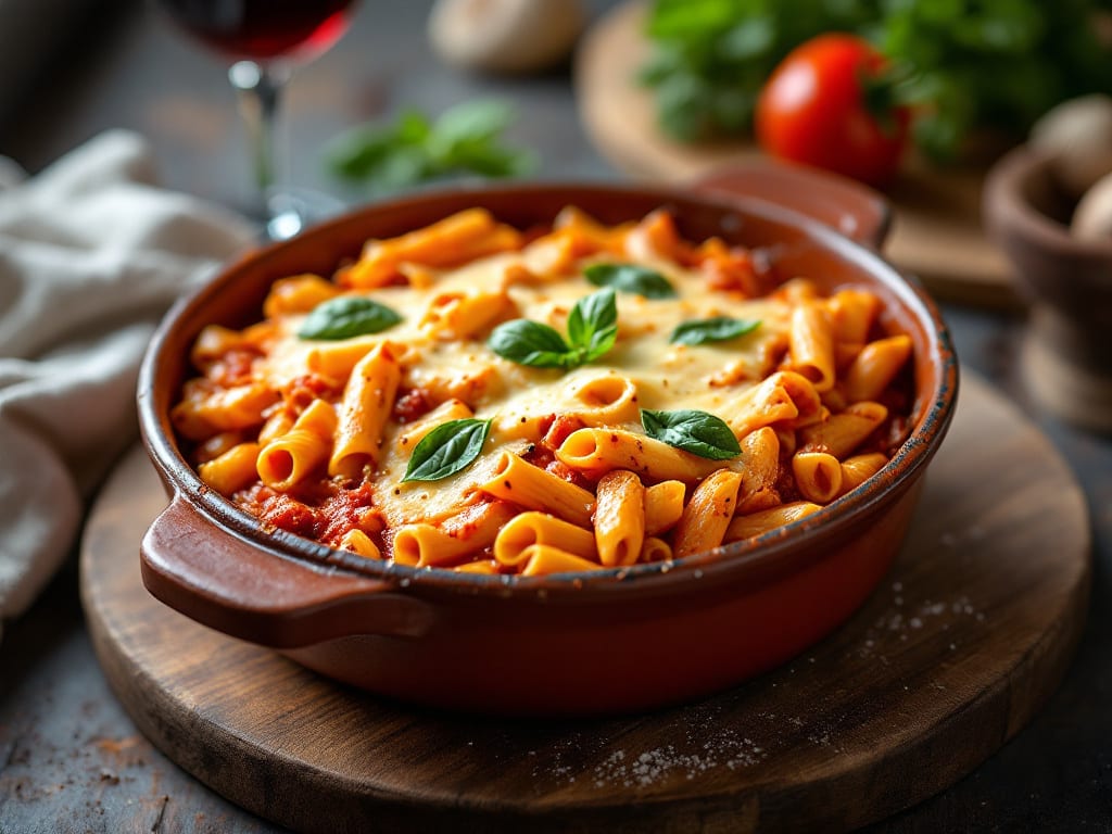 Pasta al forno con salsa di pomodoro e basilico secco