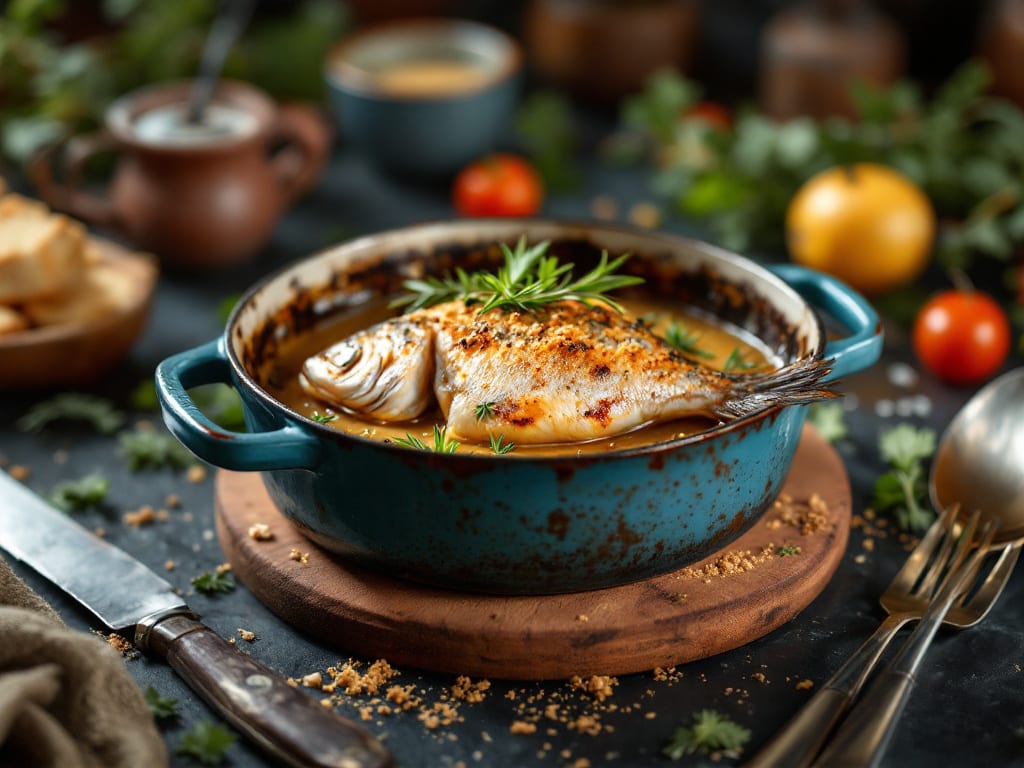 Cefalo in tegame con vino bianco e erbe aromatiche