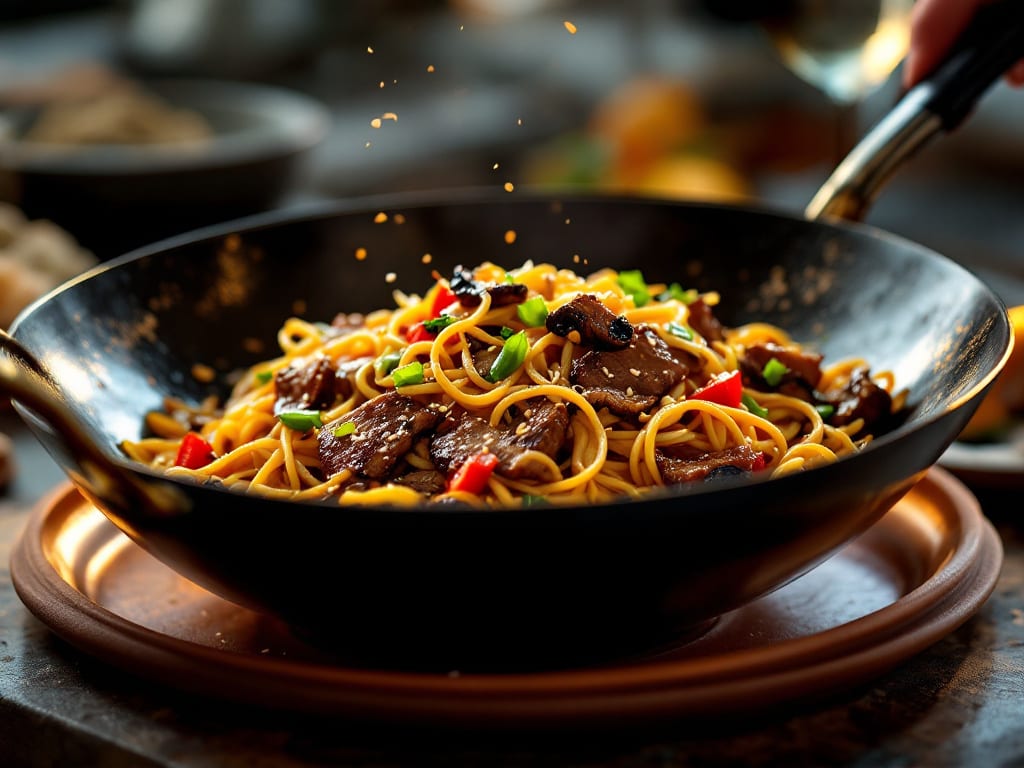 Vermicelli saltati con manzo e verdure wok