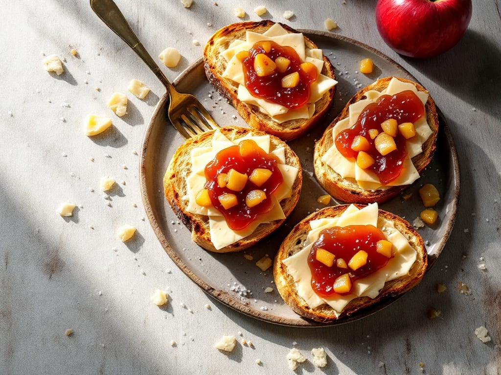 Antipasto di crostini con asiago e marmellata di mele